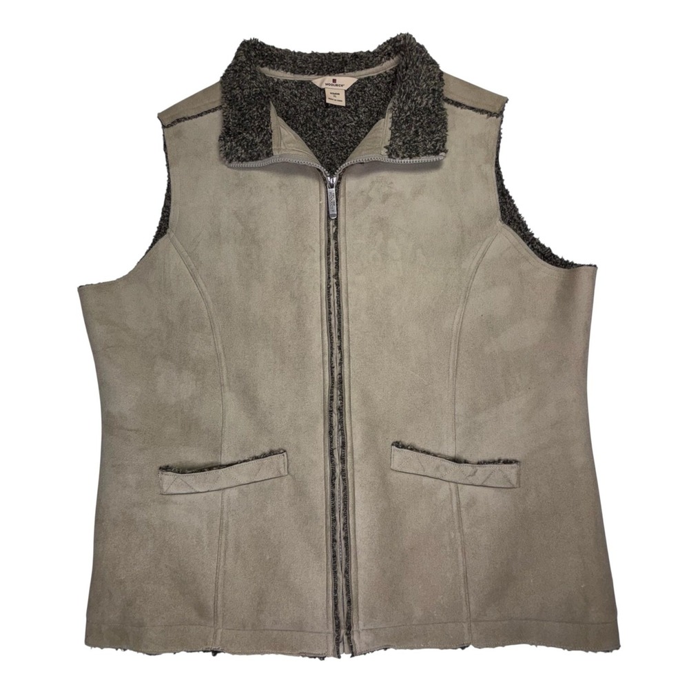Woolrich Sherpa Fleece Vest Womens XL Khaki Full‎ Zip Outdoor Hiking Cabin Cozy